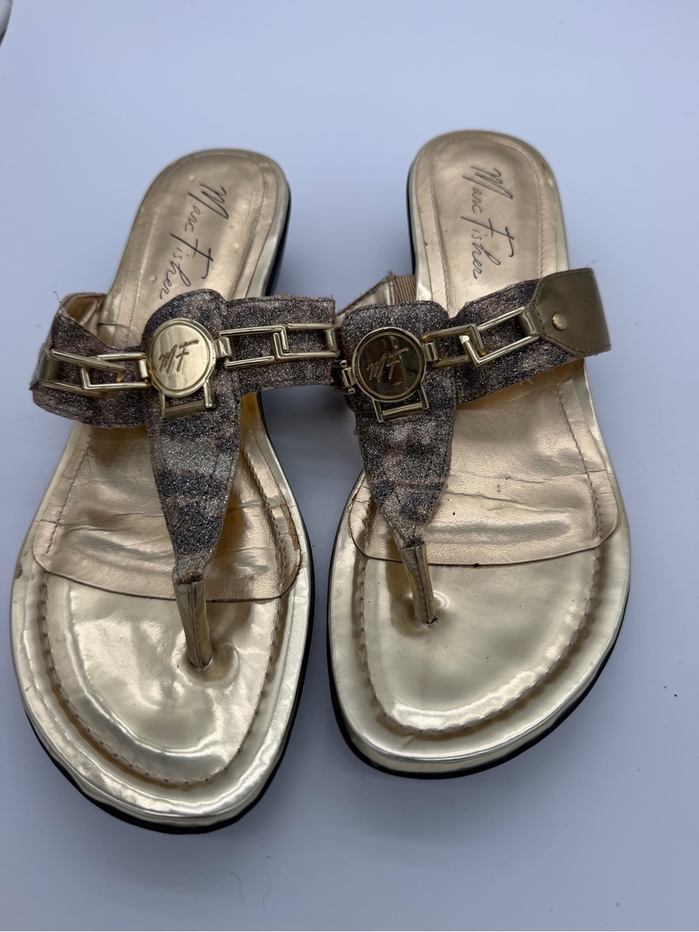 Marc Fisher Metallic Gold Thong Sandals with Chain Accent